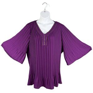 Woman Within NEW 2X 26-28 Purple Pleated Top Studded Bell Sleeves Fairycore